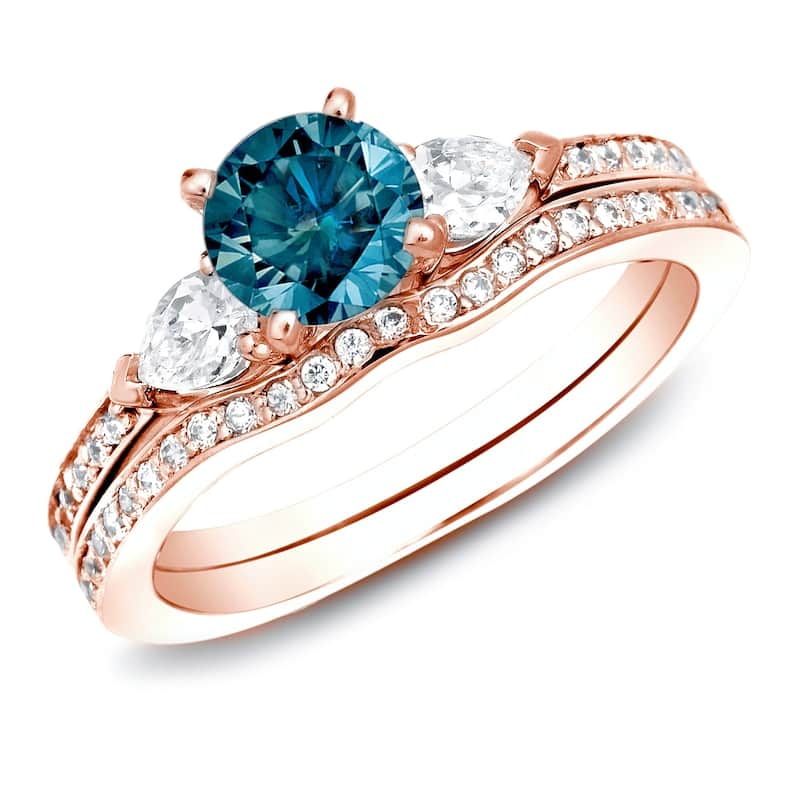 Auriya 14k Rose Gold 1ctw Blue Diamond 3-stone Engagement Ring Set - 4