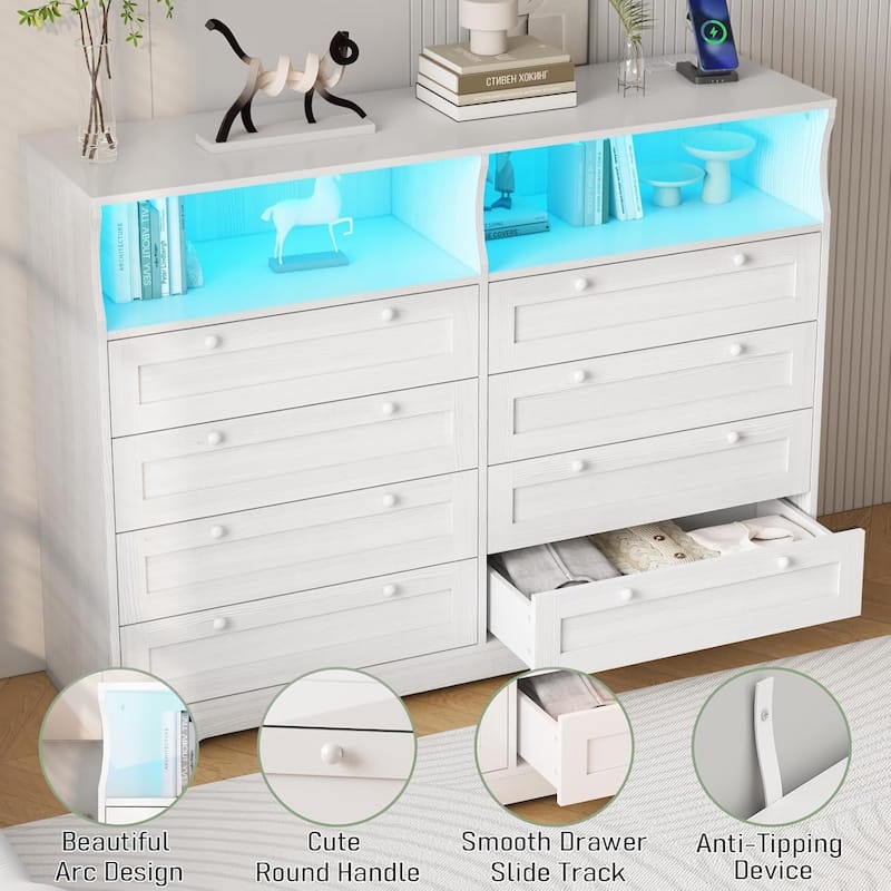 Modern Wood Dresser with 8 Drawers, Bedroom Dresser with Charging Station & LED Lights - White