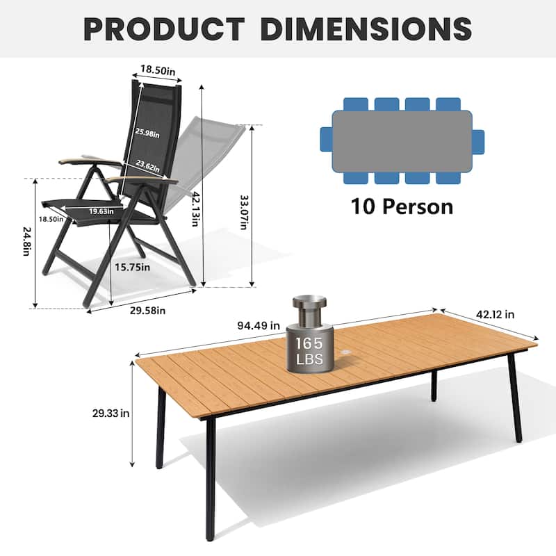 11-Piece Outdoor Aluminum Dining Table and Foldable Adjustable Dining Chairs Set