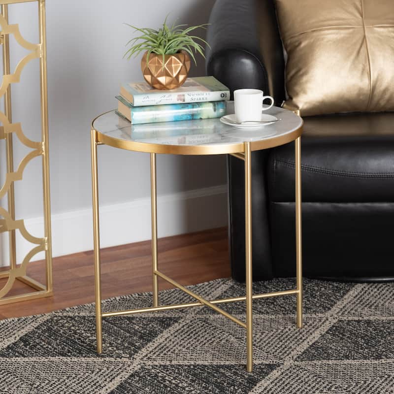 Maddock Contemporary Gold Metal End Table with Real Marble Tabletop