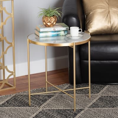 Maddock Contemporary Gold Metal End Table with Real Marble Tabletop