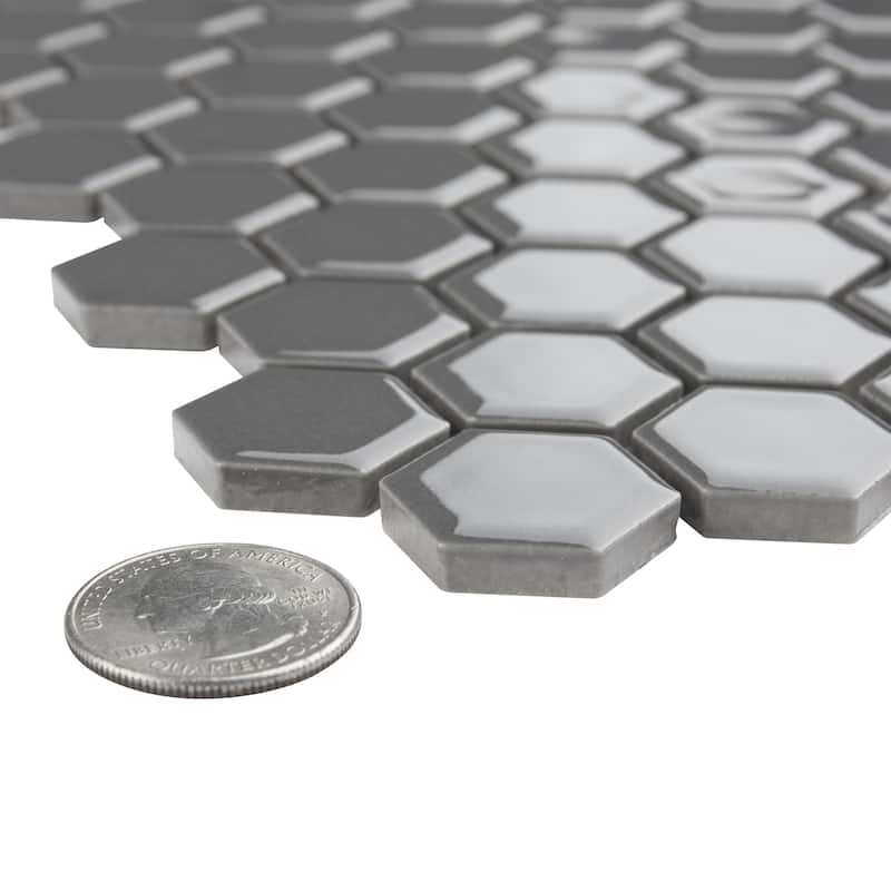 Merola Tile Metro 1" Hex Glossy Grey 10-1/4" x 11-7/8" Porcelain Mosaic Floor and Wall Tile