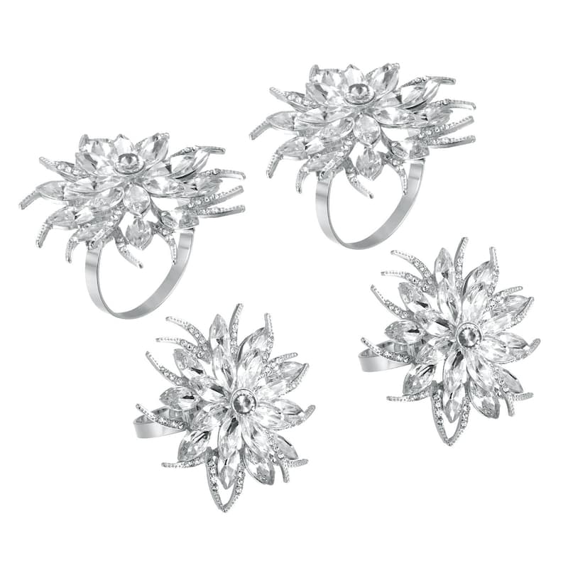 Metal Napkin Rings, 4pcs Crystal Flower Napkin Ring Holder Set, Silver Tone - Silver Tone - 38mm