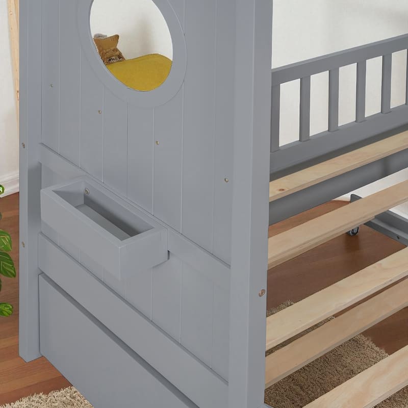 Wooden Twin/Full Size House Bed with Trundle, Storage Shelf & Roof Design - Kids Modern Playhouse Bed Frame