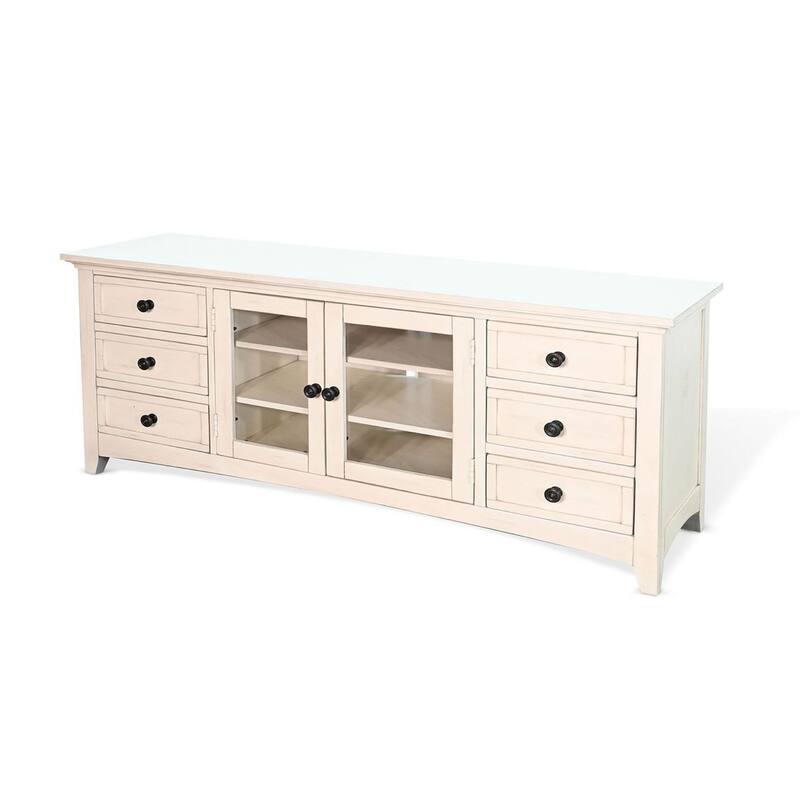Xyla 72 Inch TV Stand Media Cabinet, Glass Door, 6 Drawers, White