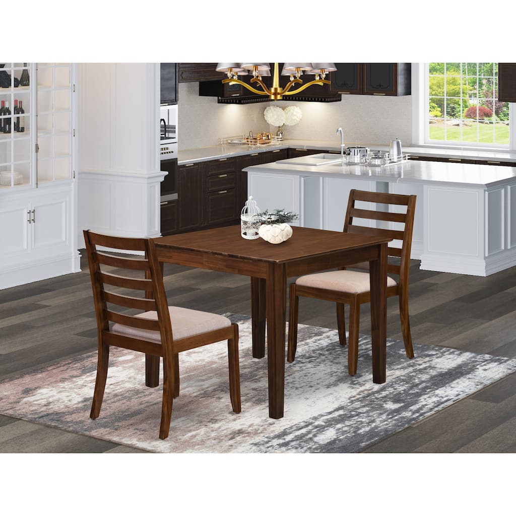 East West Furniture Dining Table Set consists of a square Table and stackable Chair, Antique Walnut (Pieces & Seat Options)