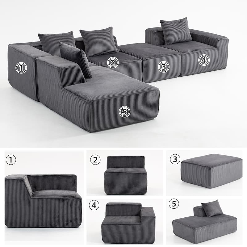 Corduroy Modular Sectional Sofa with Chaise Lounge, Deep Seat, Ottoman