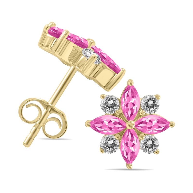 Marquee 1 Carat TW Pink Topaz and Diamond Flower Earrings in 10K Yellow Gold