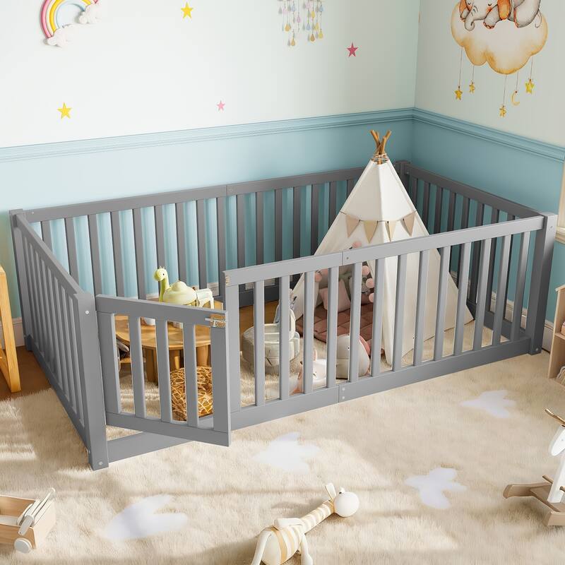 Montessori Floor Bed with Safety Guardrails & Door, Kids Low Profile Frame, Available in Queen/Full/Twin