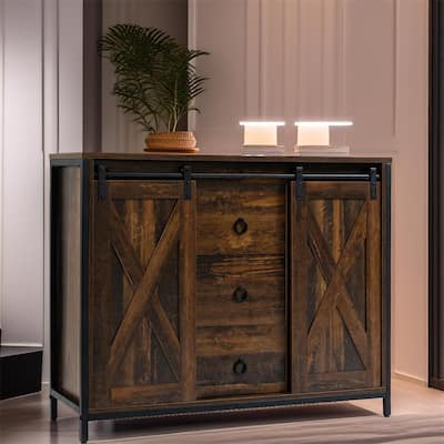 Buffet Cabinet with Sliding Barn Doors,3 Drawers,Adjustable Shelves