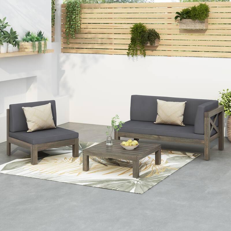 Brava Outdoor Acacia Wood Right Arm Loveseat Coffee Table and Chair Conversation Set with Cushions by Christopher Knight Home - Gray Finish+Dark Gray