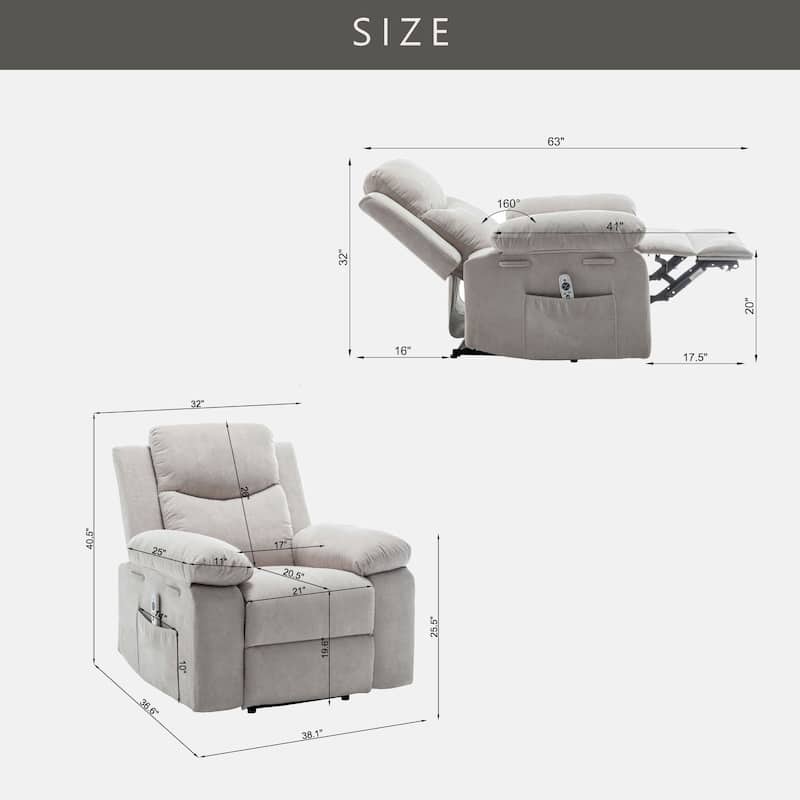 Velvet Fabric Power Recliner Chair with Massage and Heating