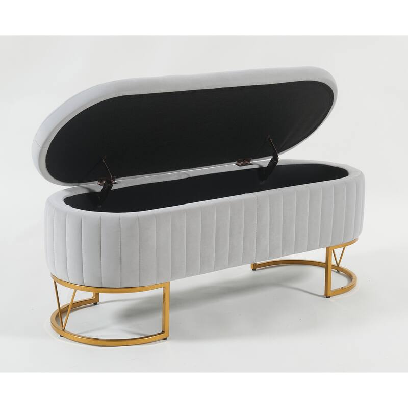 Oval Velvet Storage Bench with Metal Legs - Upholstered Bedroom Bench, Modern Storage Ottoman Bench for Living Room or Bedroom