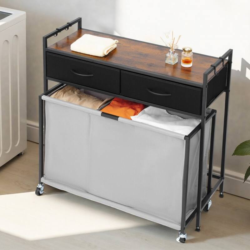 Black Laundry Hamper with 3 Removable Bags, 2 Drawers and Top Shelf for Bathroom or Bedroom - 32.68 x 12.60 x 31.89 in
