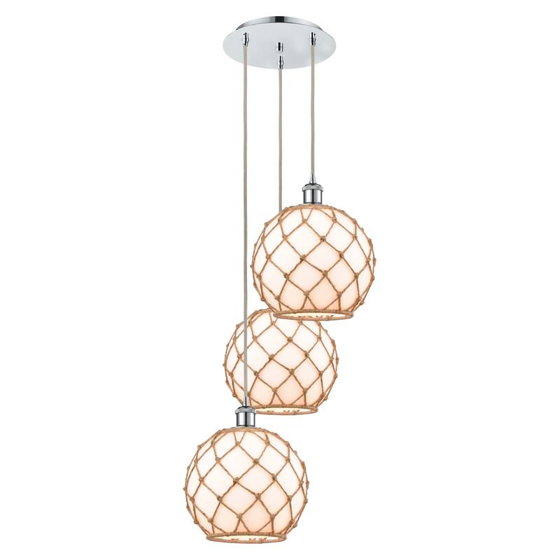 Innovations Lighting Endless Possibilities Ballston - Farmhouse Rope - 3 Light 17" Cord Hung Multi Pendant - White Glass with Brown Rope/Polished Chrome