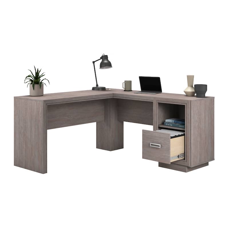 Wood L-Shaped Desk with Integrated Storage, Brown