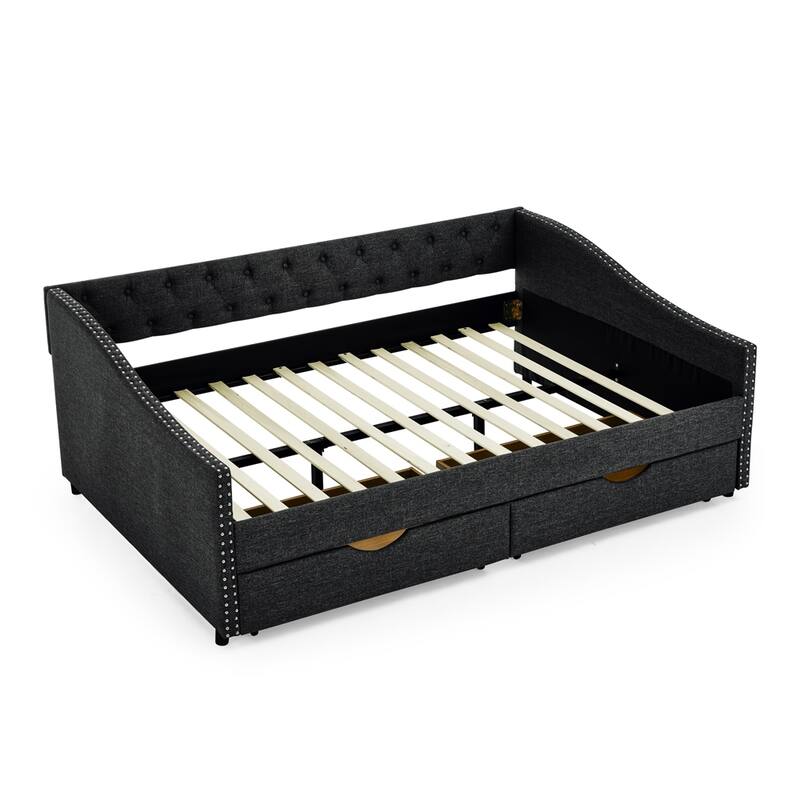 Full Size Upholstered Tufted Daybed with Drawers and Copper Nail