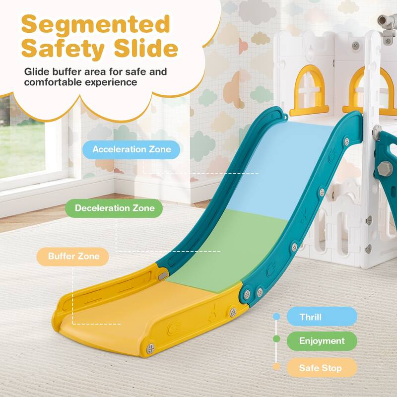 6 in 1 Toddler Slide and Playset for Kids with Basketball Hoop Climber Telescope and Storage - 27" x 57" x 33.5" (L x W x H)