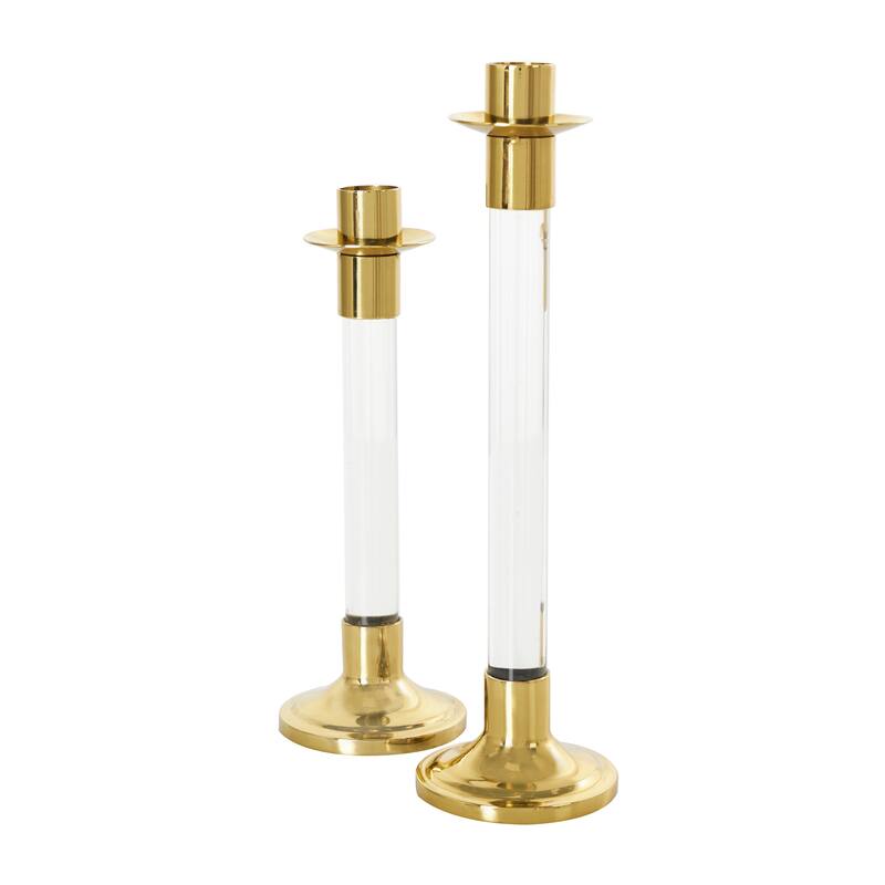 Gold or Silver Stainless Steel Metal Candle Holder with Clear Glass Center (Set of 2)