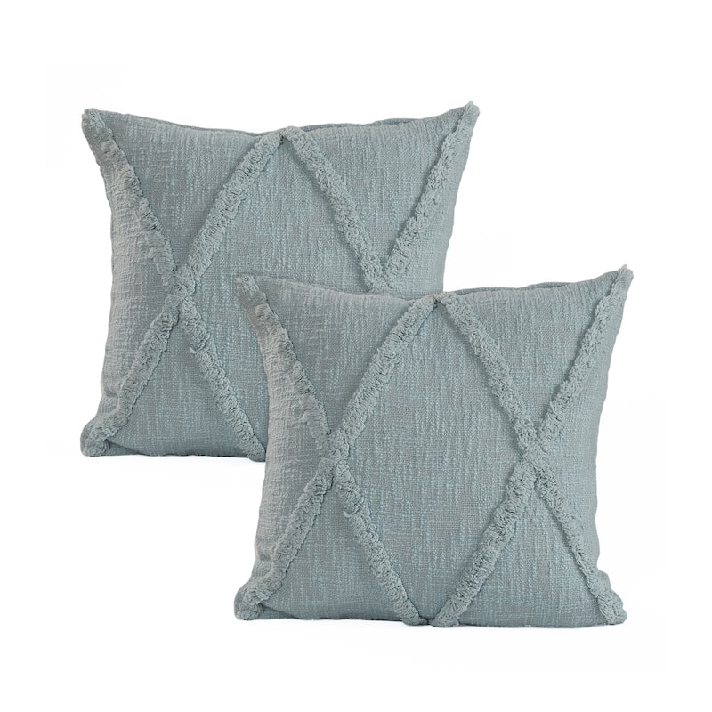 Set of Two Blue Diamond Cotton Throw Pillow With Fringe