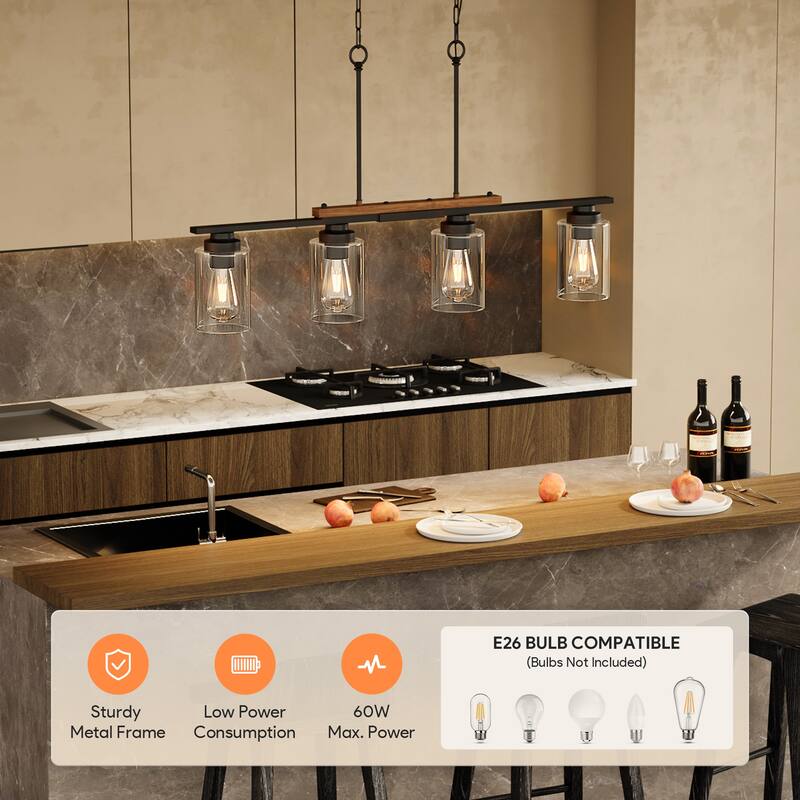 4-Light Kitchen Island Linear Pendant Light Fixture Matte Black