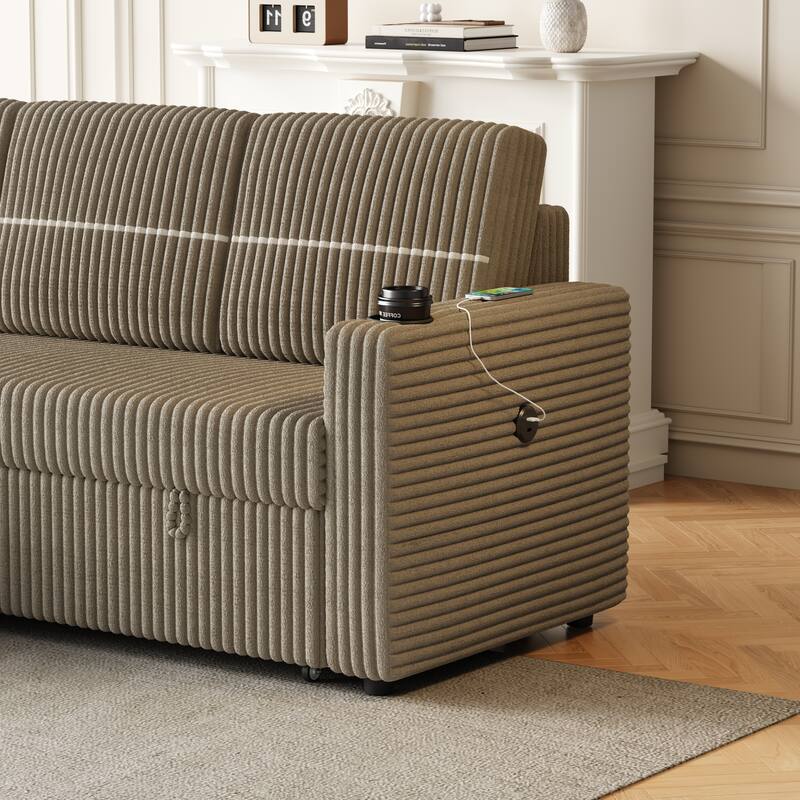 3 Seater Corduroy Sleeper Sofa - Pull-Out Couch with Storage Chaise, USB Charging Port & Cup Holders, 85" Sofa Bed