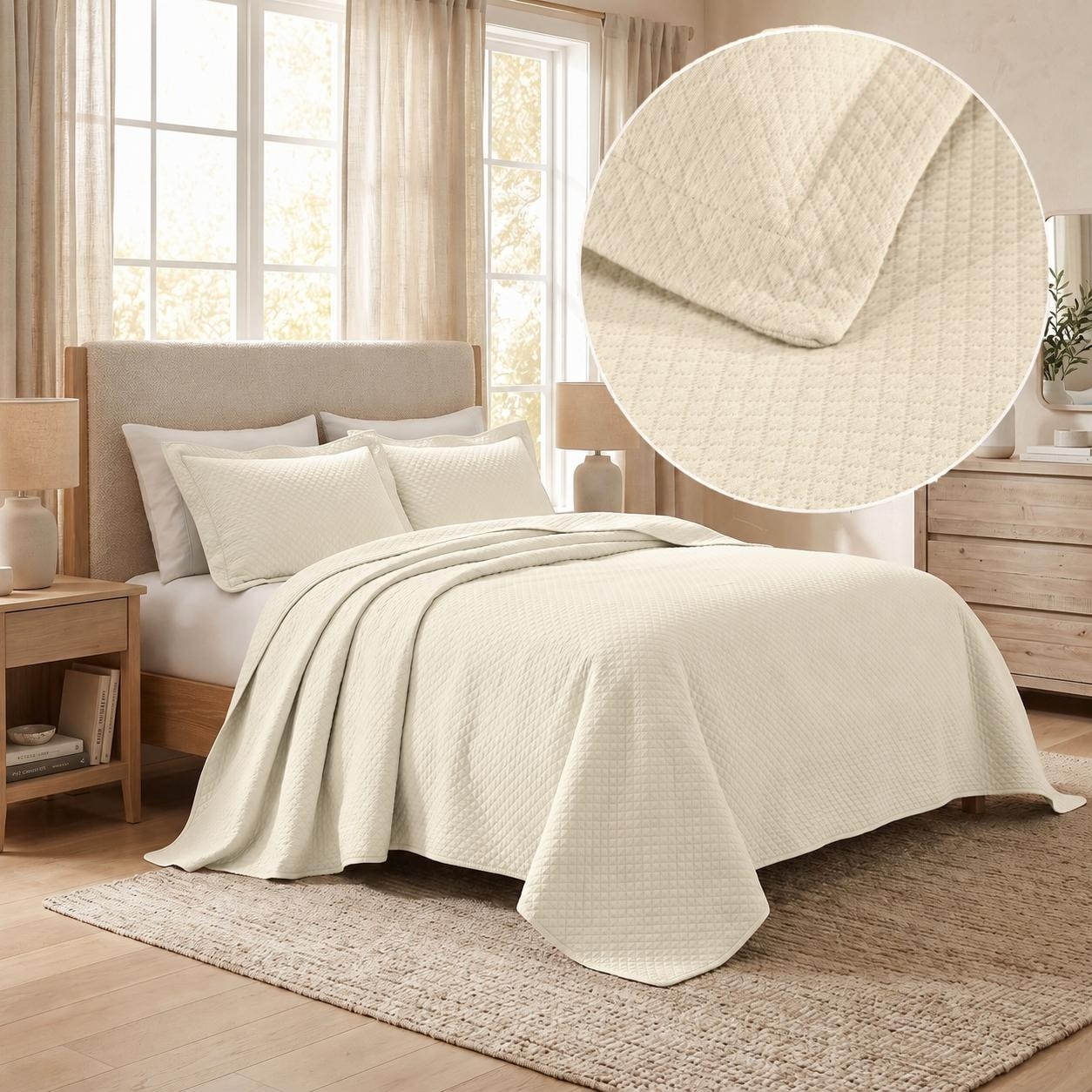 Superior Solitaire Cotton Decorative Bedspread Quilt Set, Textured Top Layer for Layering