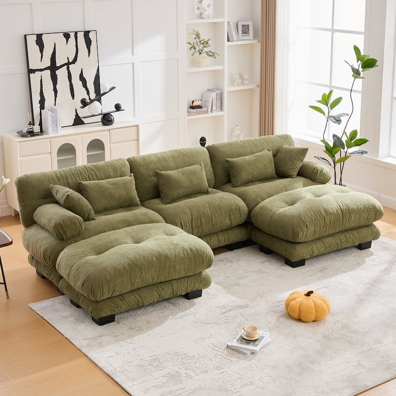 Pelletized Velvet U-shaped Sectional Sofa Modular Chaise Lounge Couch with 2 Ottomans, Deep Seat, Bolster Arms and Pillows - Olive Green