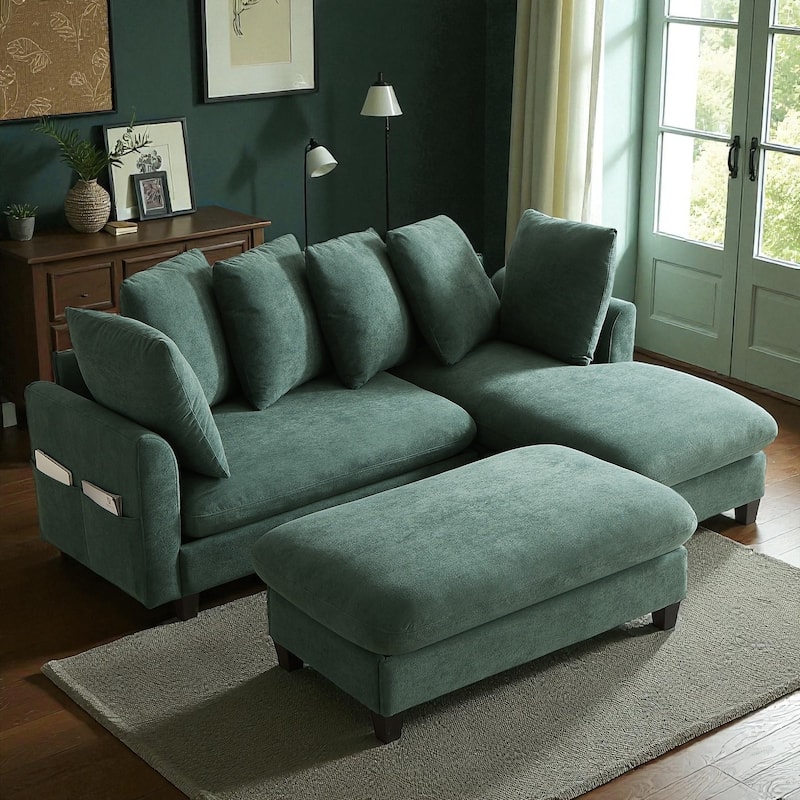 83" L-Shaped Sectional Sofa with Storage Seats Movable Ottoman Curved Armrests Chenille Couch with 6 Pillows