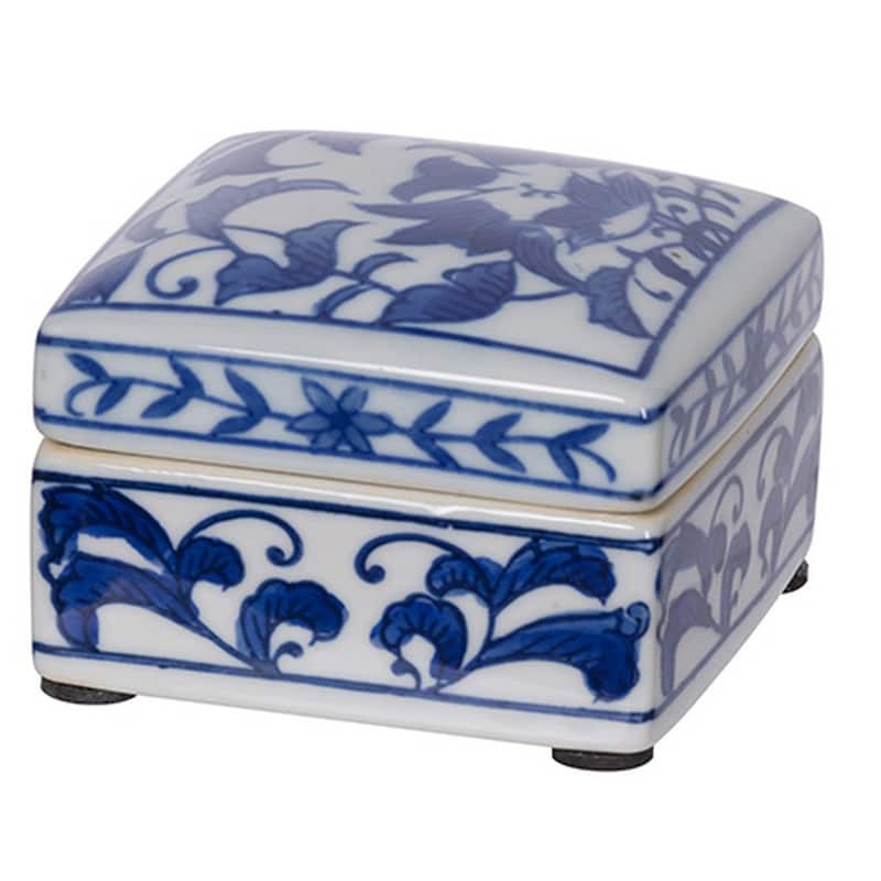 Set of 3 Decorative Boxes, White and Blue Porcelain Pottery, Floral Designs