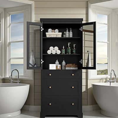 Tall Bathroom Storage Cabinet, Freestanding Cabinet with Glass Doors & Adjustable Shelves, Bathroom Pantry Cabinet with Drawers