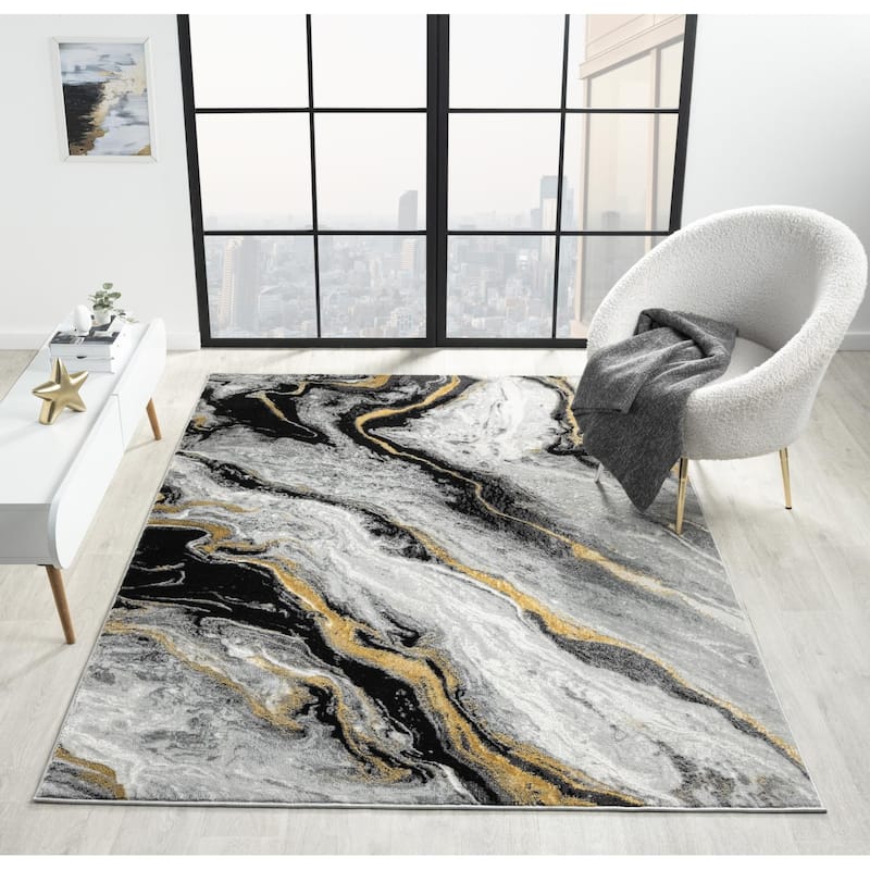 Lavell Collection Abstract Grey/Gold Area Rug