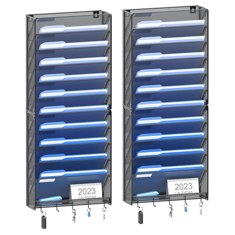 2Pack 12 Tier Hanging Wall File Organizer with Hooks - 12.6"L x 4.7"W x 32"H