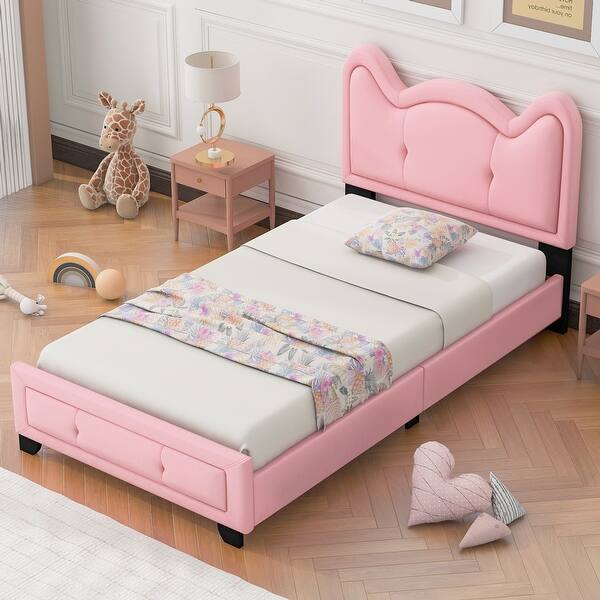 slide 2 of 7, Pink Twin Size Cute Pine Wood Upholstered Platform Bed, Cartoon Ears Headboard, Sturdy Construction, Easy Assembly Twin - Pink