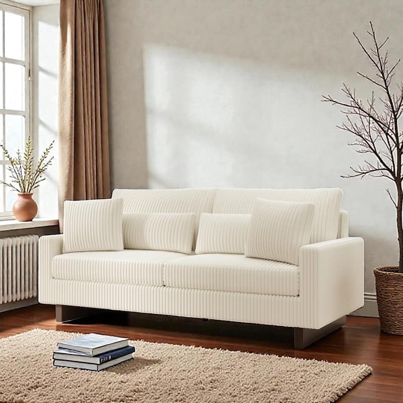 80.31" Modern Corduroy Loveseat Sofa with 4 Pillows, Upholstered Couch with Deep Seat for Living Room - Beige