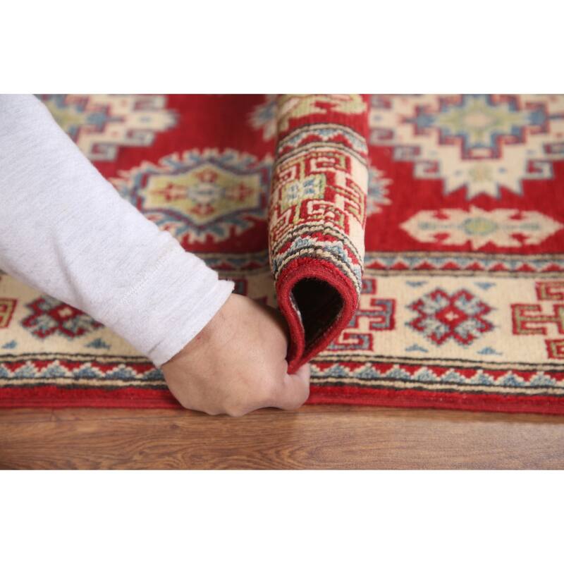 Hand Knotted Oriental 100% Wool Carpet Traditional Geometric Red Kazak Runner Rug - 6' 8'' X 2' 9''