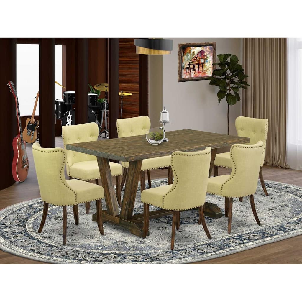 HomeStock 7-Piece Rectangle Distressed Jacobean Finish Solid Wood Top Dining Table with 6 Parson-Chairs