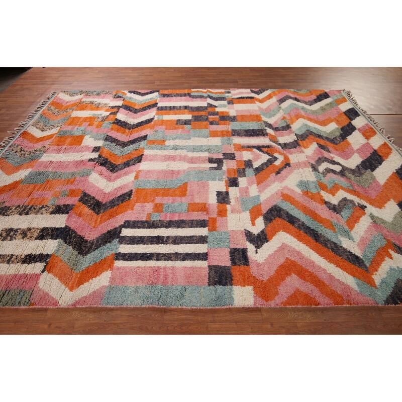 Multicolor Plush Moroccan Area Rug Handmade Geometric Wool Carpet - 7'10" x 10'7"
