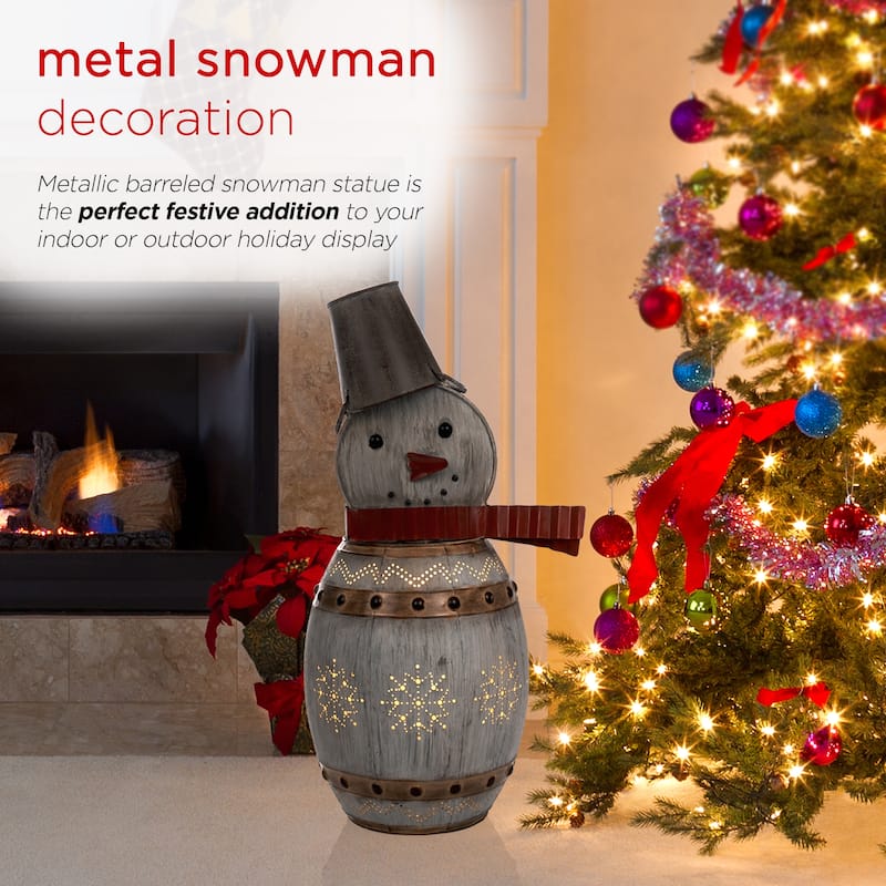 Alpine Corporation 30"H Indoor/Outdoor Metal Barrel Snowman Christmas Holiday Decoration with LED Lights - Silver