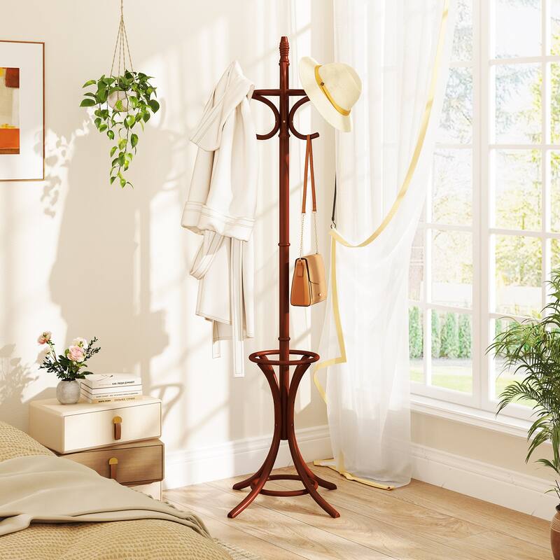 Brown Freestanding Wooden Coat Rack with Umbrella Stand and 12 Hook Organizer for Hallway or Bedroom