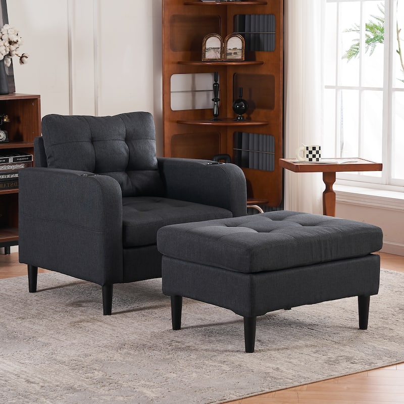HCHAIRH Upholstered Tufted Accent Chair Single Sofa Storage Ottoman Set with Cup Holders