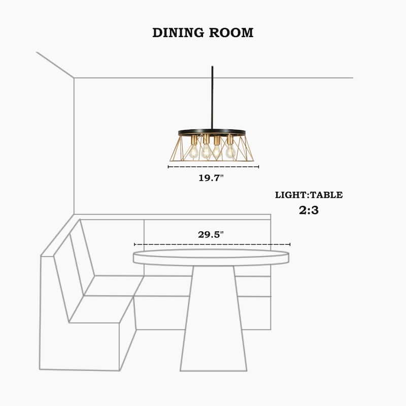 4-Light Modern Industrial Geometric Chandelier Black Gold Kitchen Island Light for Dining Room