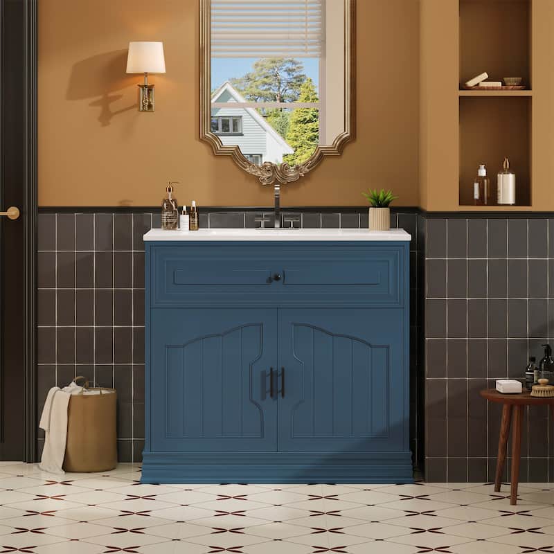 36" Elegant Bathroom Vanity‌ – Ceramic Sink, Solid Wood Frame & Soft-Closing Doors for Luxurious Storage. - Blue