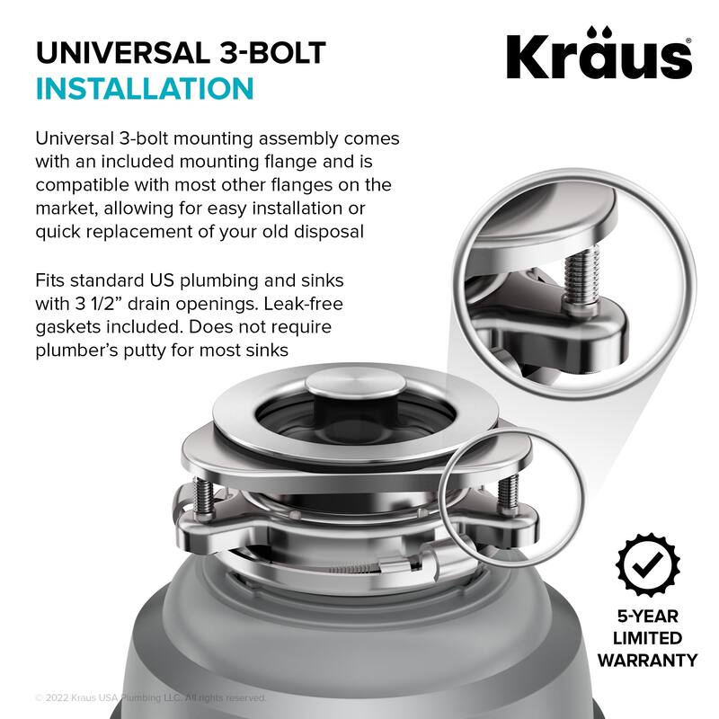 KRAUS WasteGuard Continuous Feed Garbage Disposal for Kitchen Sinks