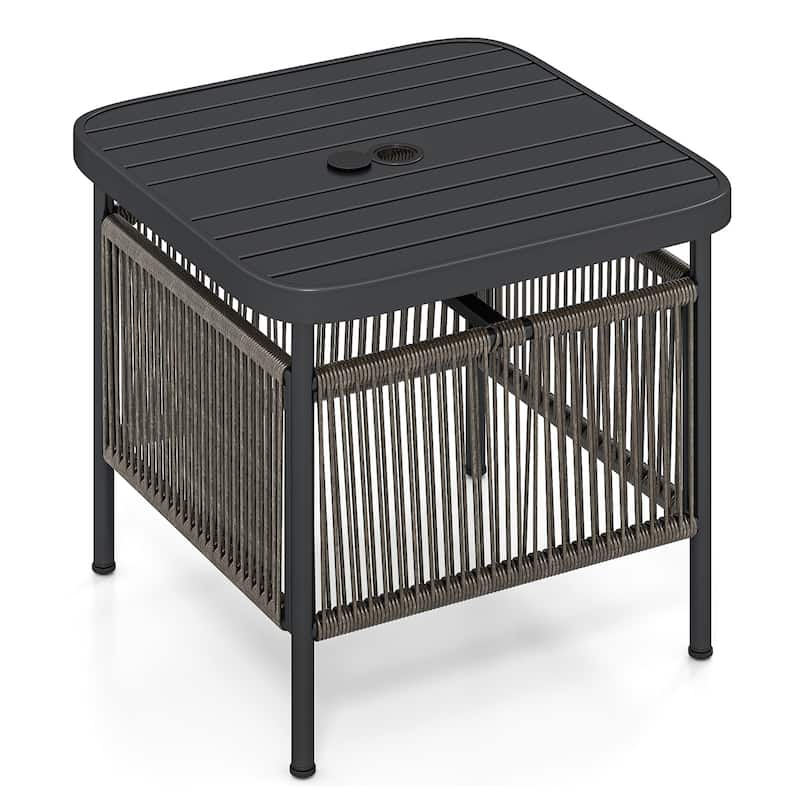 Outdoor Rustic Wood Patio Side Table with 2-Tier Storage and Umbrella Hole Metal Frame - 20.5" x 18" x 18"