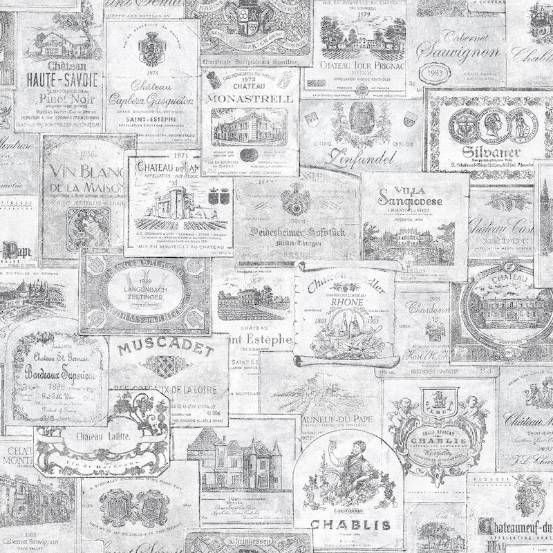 Galerie Wallcoverings Nostalgie Collection Wine Labels Non-woven Matte Wallpaper Roll - 33 feet x 21 inches - Grey