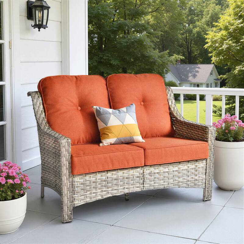 XIZZI Patio Wicker Loveseat with Cushions Outdoor 2-Seater Sofa for Patio, Deck, or Backyard - Red