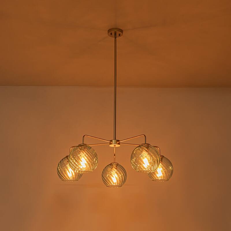 5-Light Blue Swirled Glass Globe Bubble Round Chandelier 35in