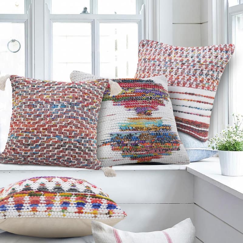 HomeRoots 20" X 20" White Red Green Blue Yellow And Orange 100% Cotton Geometric Zippered Pillow