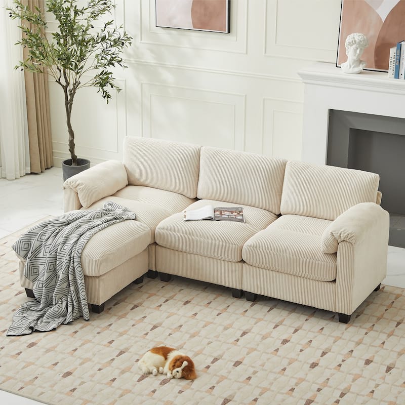 Corduroy Sectional Sofa with a Removable Ottoman, L-shaped Reversible 4-seat Modular Couch